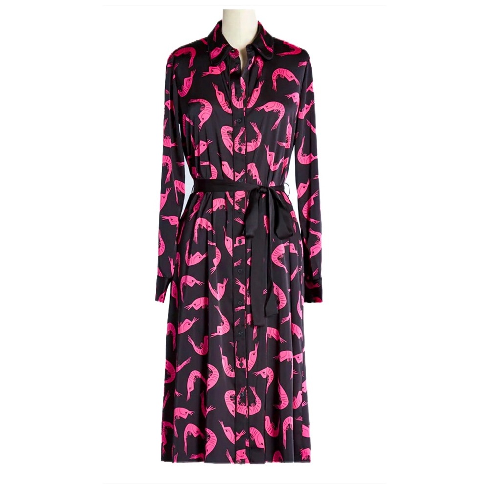 NWT MODCLOTH Black/Pink Shrimp Prawns Til Dawn Long-Sleeve Button Shirt Dress XS